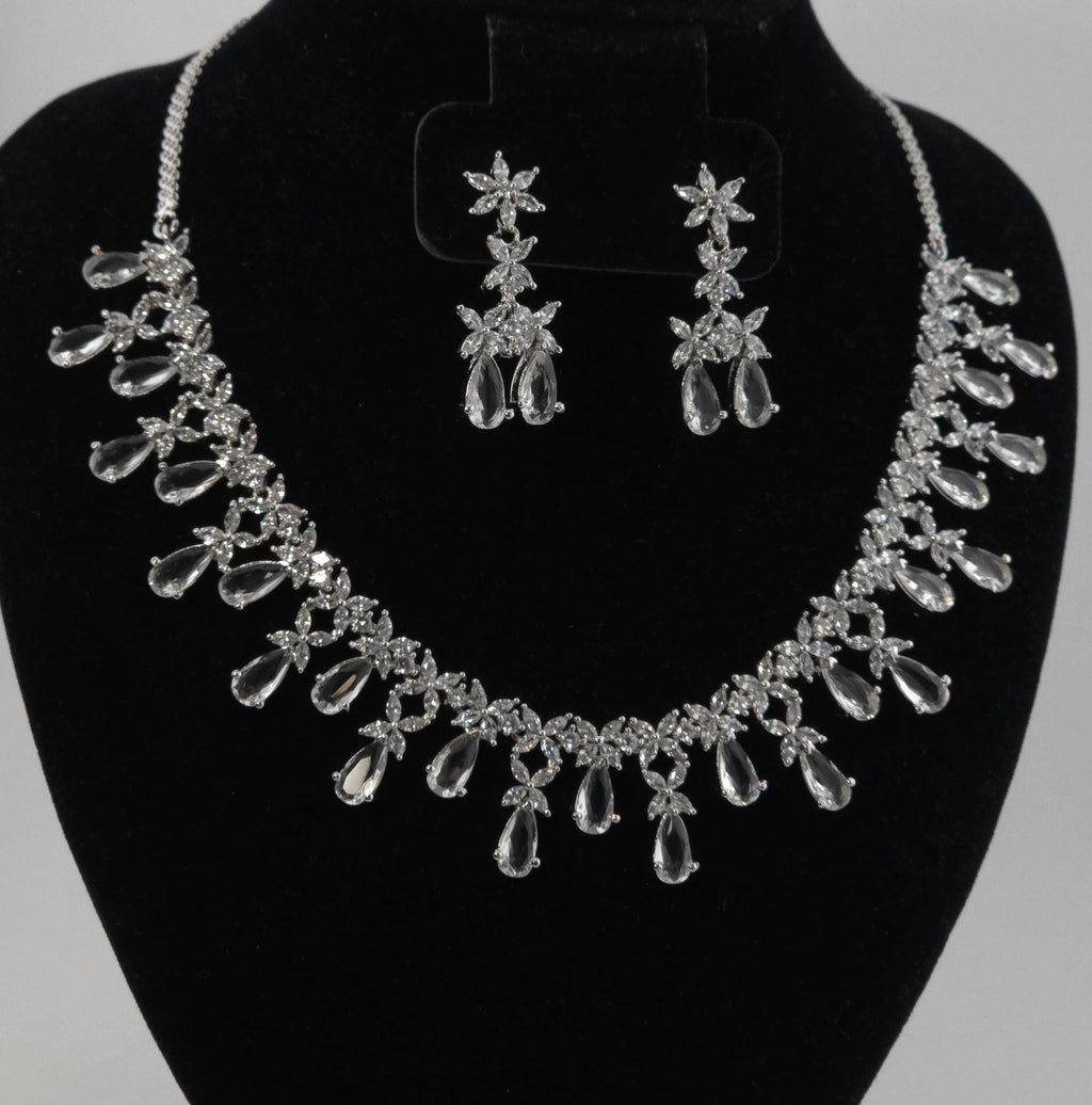 Silver CZ Bridal Necklace Set, Diamond Look Wedding Jewelry, Teardrop Statement Necklace Earrings Set, Bridal Reception Jewelry
