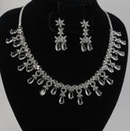 Silver CZ Bridal Necklace Set, Diamond Look Wedding Jewelry, Teardrop Statement Necklace Earrings Set, Bridal Reception Jewelry