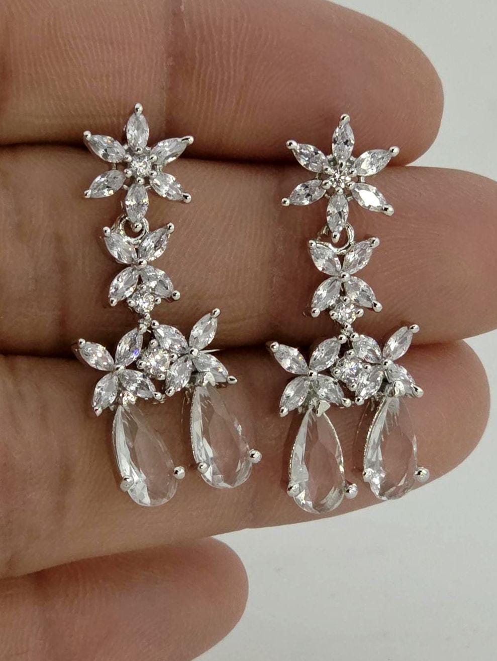 Silver CZ Bridal Necklace Set, Diamond Look Wedding Jewelry, Teardrop Statement Necklace Earrings Set, Bridal Reception Jewelry