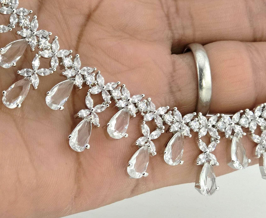 Silver CZ Bridal Necklace Set, Diamond Look Wedding Jewelry, Teardrop Statement Necklace Earrings Set, Bridal Reception Jewelry