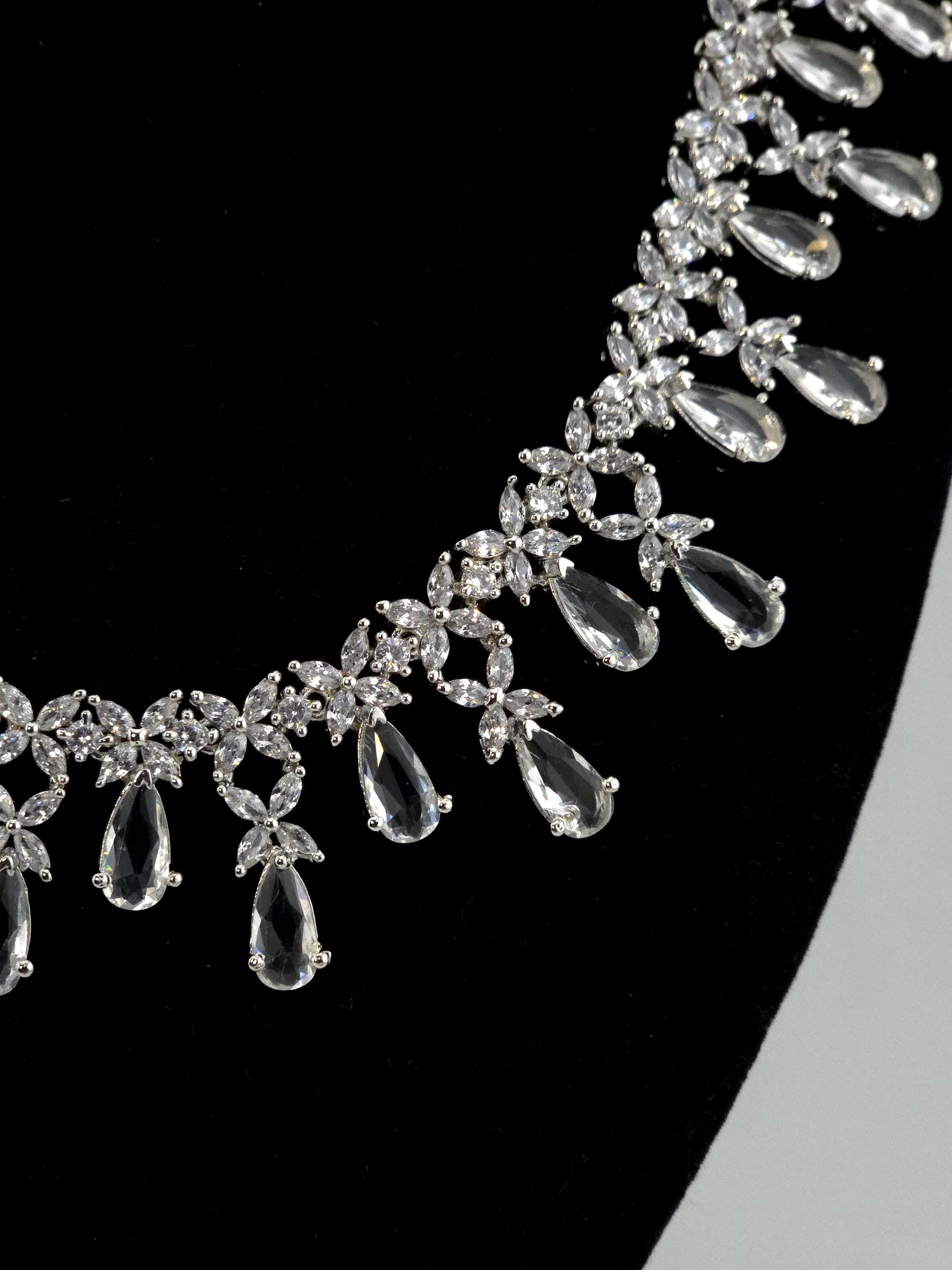 Silver CZ Bridal Necklace Set, Diamond Look Wedding Jewelry, Teardrop Statement Necklace Earrings Set, Bridal Reception Jewelry