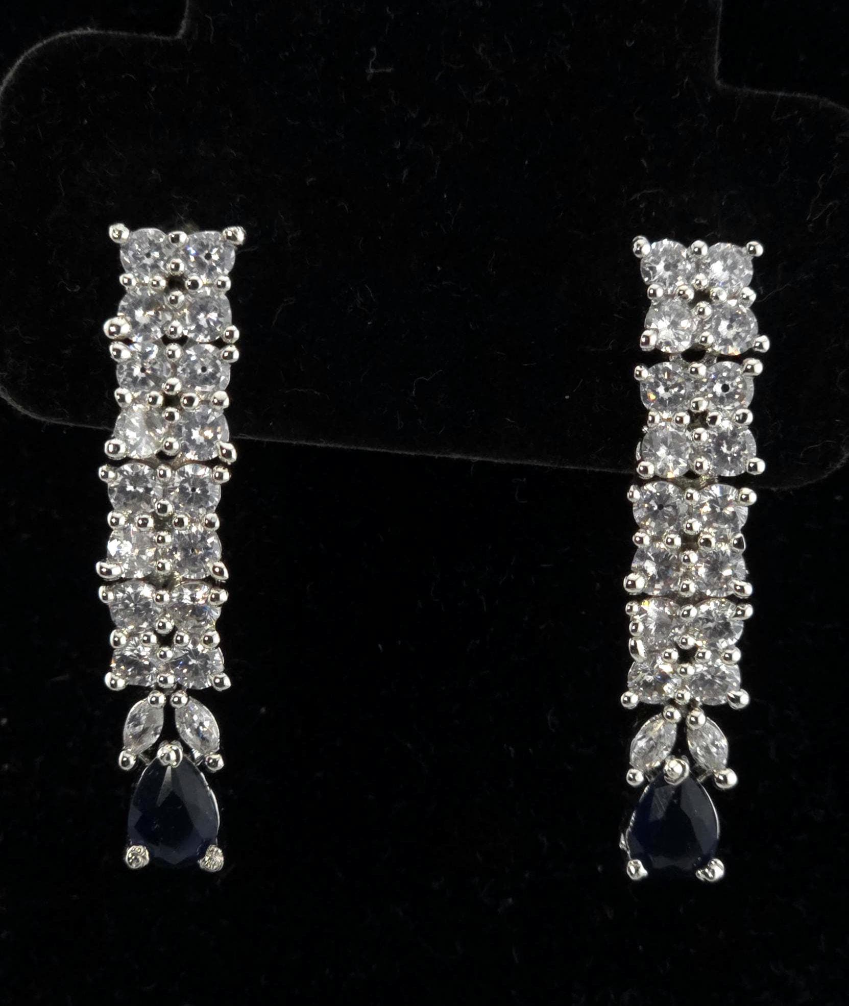 Blue Sapphire CZ Necklace Set, Diamond Look Bridal Jewelry, Silver Statement Necklace Earrings Set, Wedding Reception Jewelry, Evening Prom