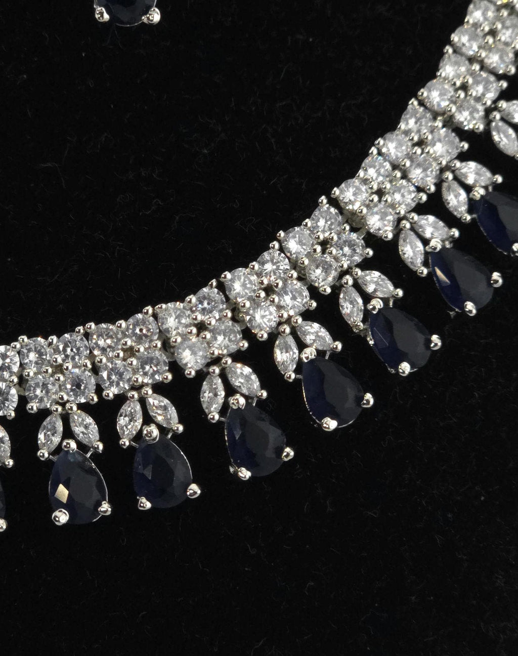 Blue Sapphire CZ Necklace Set, Diamond Look Bridal Jewelry, Silver Statement Necklace Earrings Set, Wedding Reception Jewelry, Evening Prom