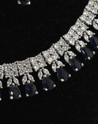 Blue Sapphire CZ Necklace Set, Diamond Look Bridal Jewelry, Silver Statement Necklace Earrings Set, Wedding Reception Jewelry, Evening Prom