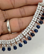 Blue Sapphire CZ Necklace Set, Diamond Look Bridal Jewelry, Silver Statement Necklace Earrings Set, Wedding Reception Jewelry, Evening Prom