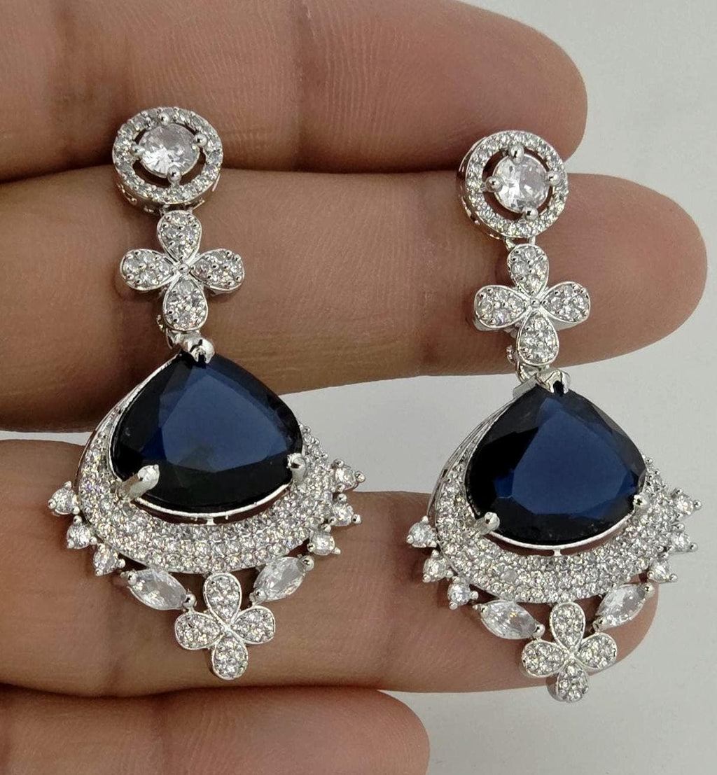 Floral Sapphire Blue CZ Necklace Set Silver Statement Jewelry Neelam