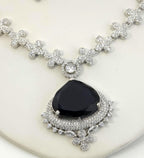 Floral Sapphire CZ Necklace Set Silver, Statement Evening Jewelry, Blue Stone Wedding Necklace, Elegant Bridal Reception Jewelry Set