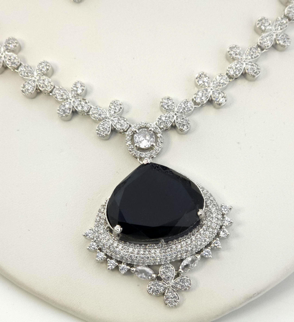 Floral Sapphire Blue CZ Necklace Set Silver Statement Jewelry Neelam