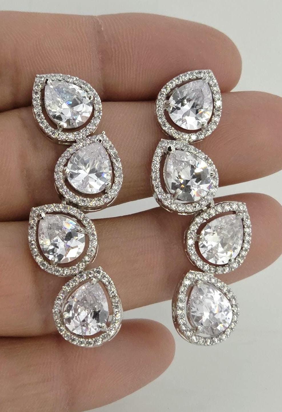 Pear Cut CZ Necklace Set Silver, Teardrop Bridal Jewelry, Elegant Wedding Guest Necklace, Prom Evening Jewelry Set