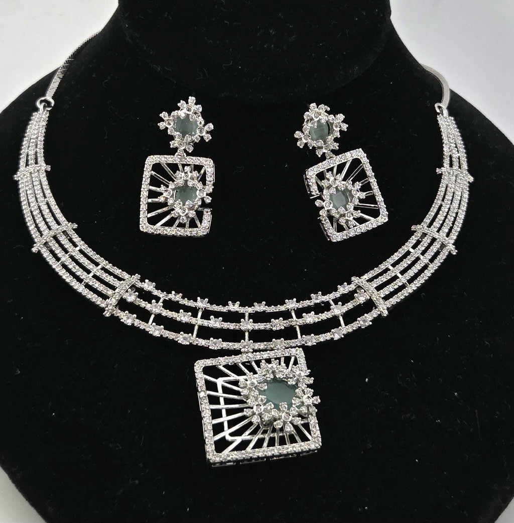 Mint Green CZ Geometric Necklace Set Modern Bridal Statement Jewelry Maya