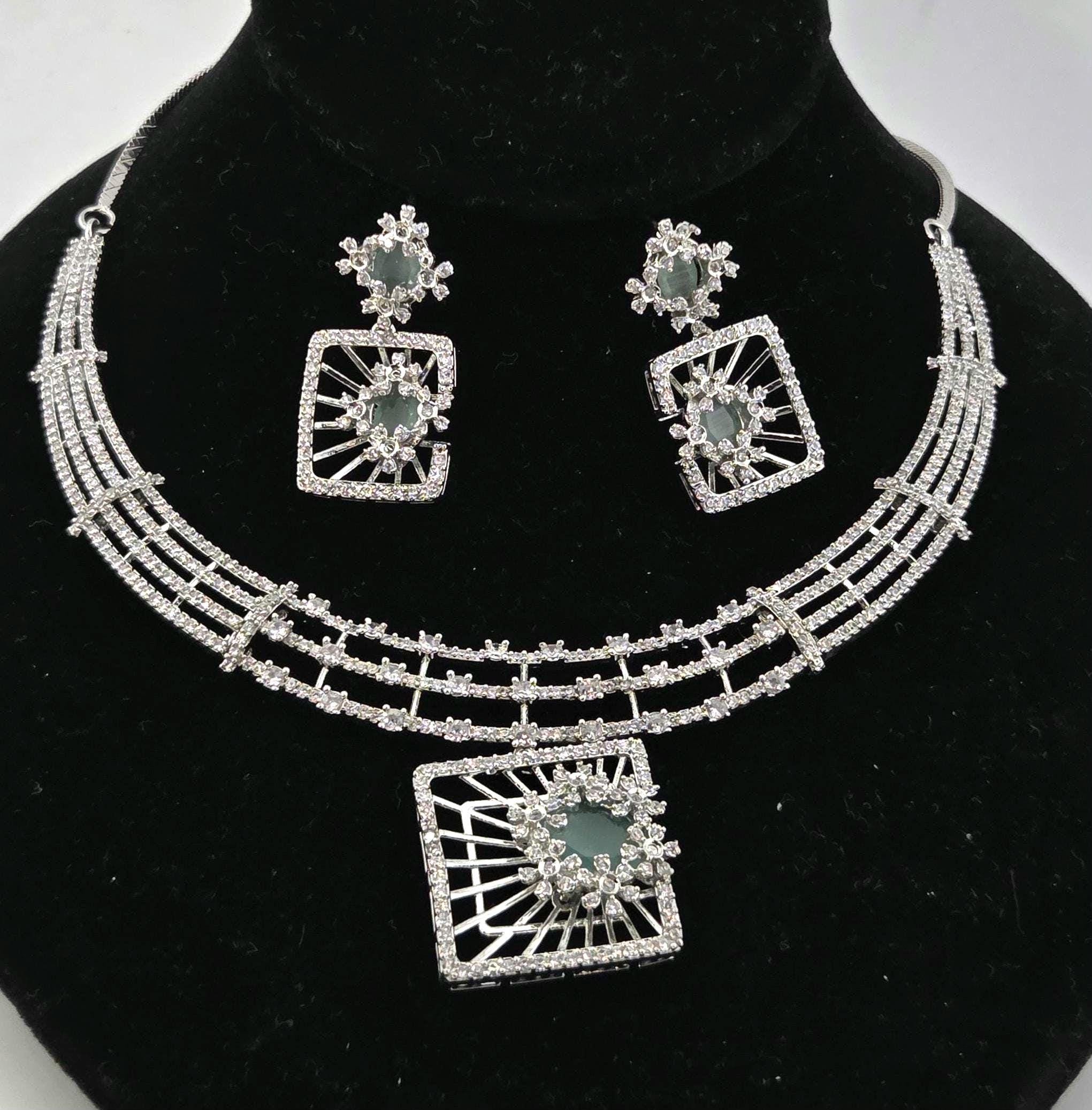 Mint Green CZ Geometric Necklace Set Modern Bridal Statement Jewelry Maya