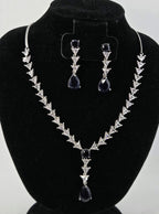 Navy Blue CZ Y Drop Necklace Set, Elegant Lariat Necklace, Sapphire Blue Statement Jewelry, Wedding Guest Evening Set