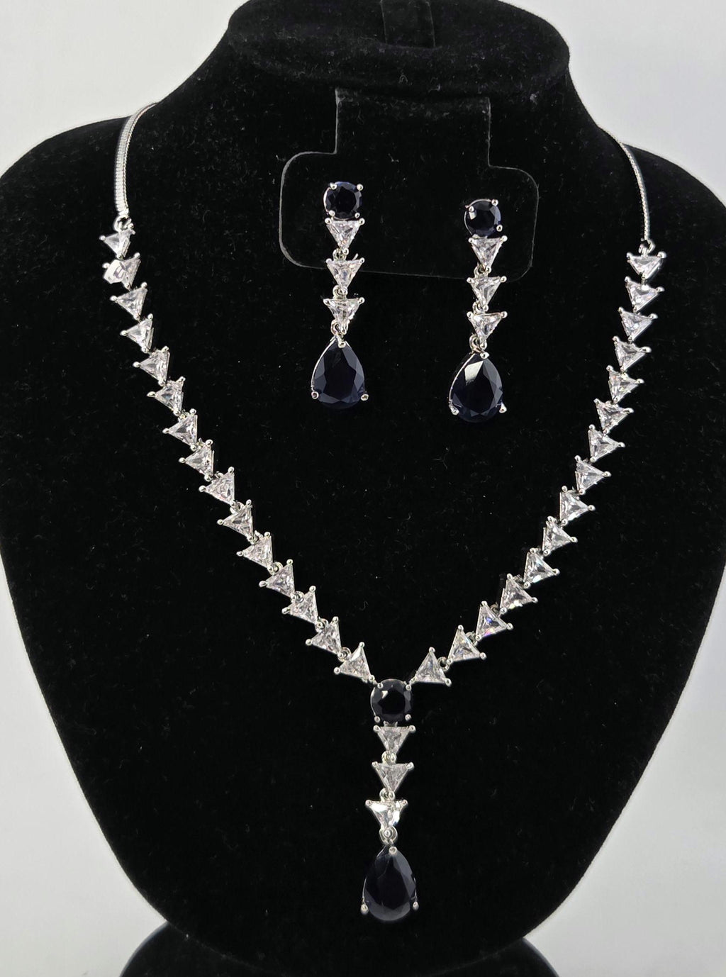 Navy Blue CZ Y-Drop Lariat Necklace Set Indian Wedding Jewelry Layla