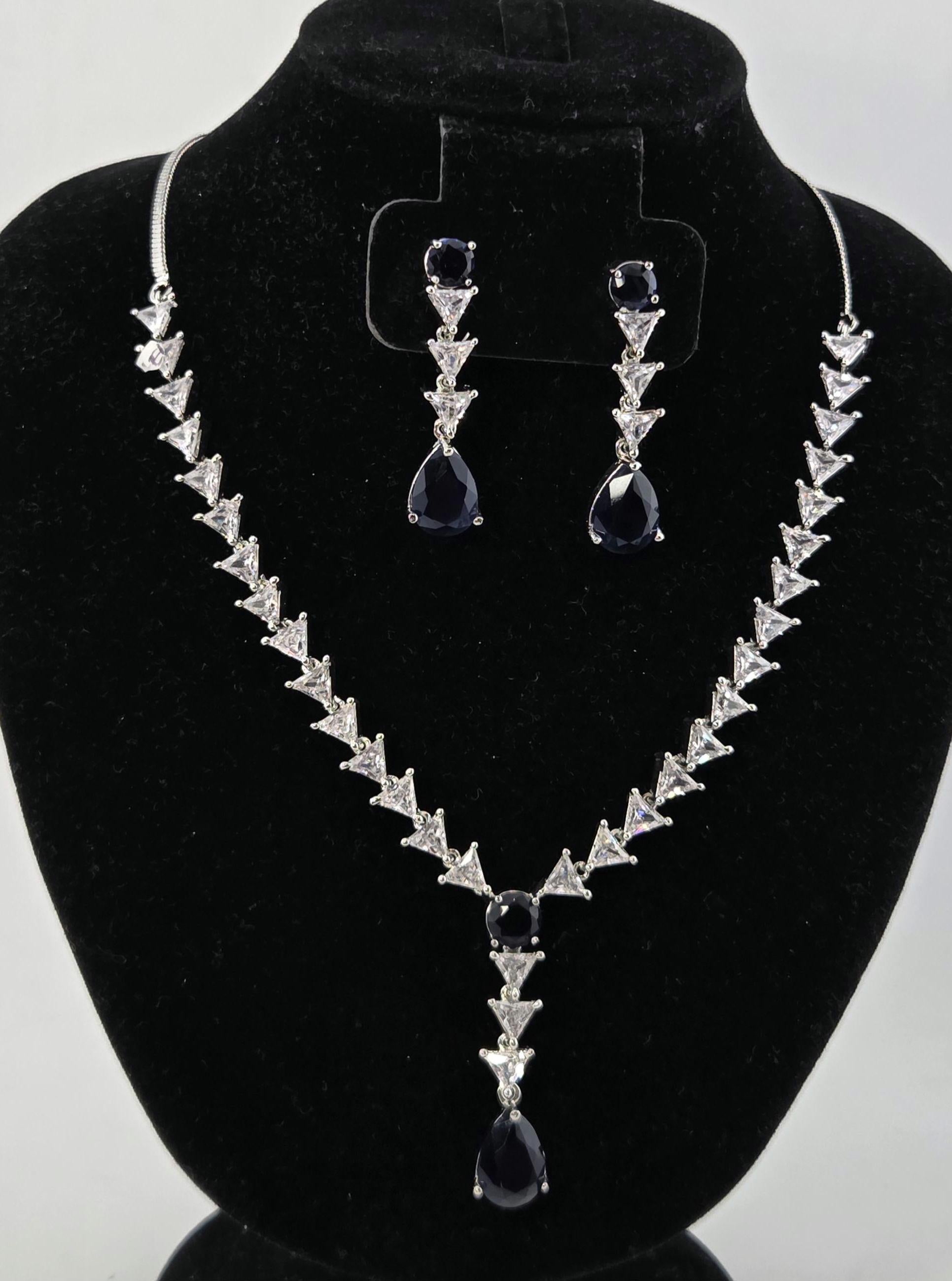 Navy Blue CZ Y-Drop Lariat Necklace Set Indian Wedding Jewelry Layla