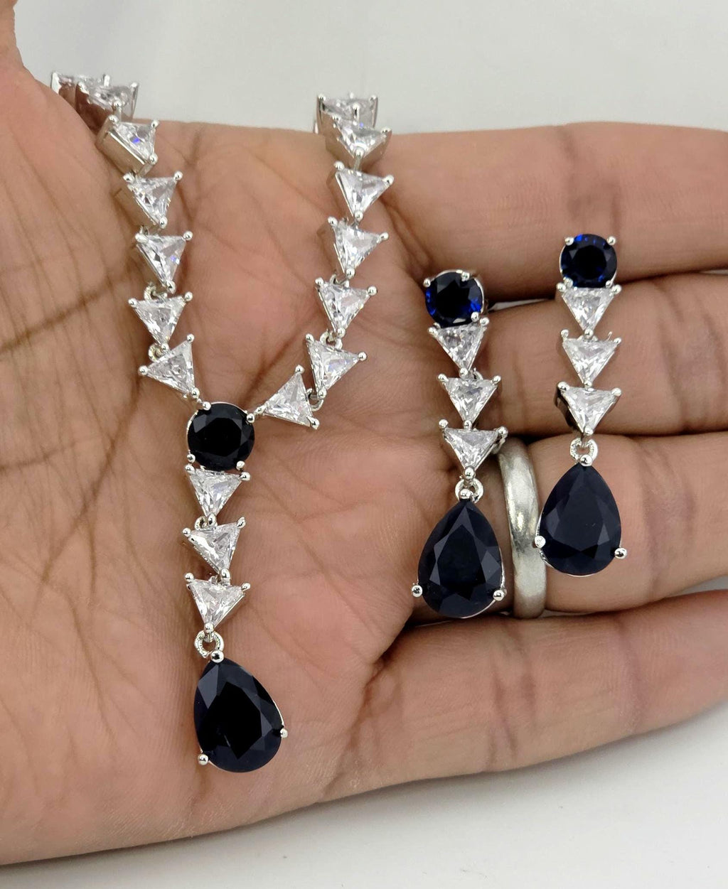 Navy Blue CZ Y-Drop Lariat Necklace Set Indian Wedding Jewelry Layla