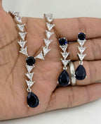 Navy Blue CZ Y-Drop Lariat Necklace Set Indian Wedding Jewelry Layla