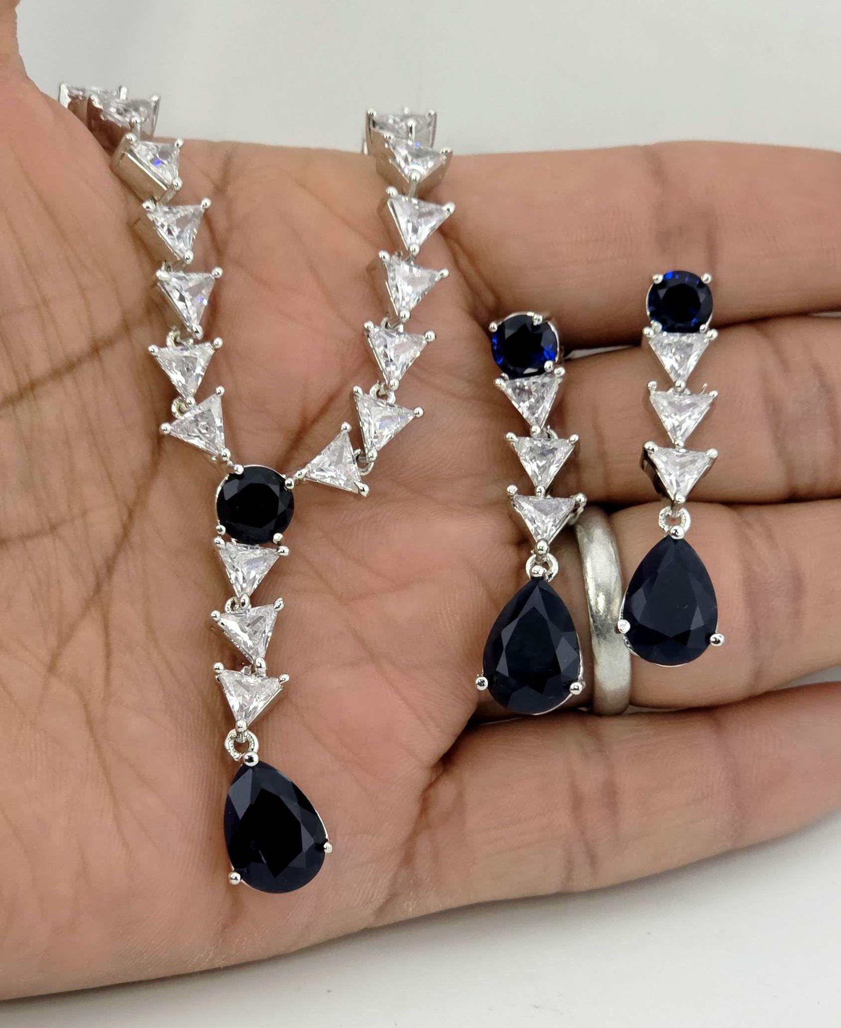 Navy Blue CZ Y-Drop Lariat Necklace Set Indian Wedding Jewelry Layla