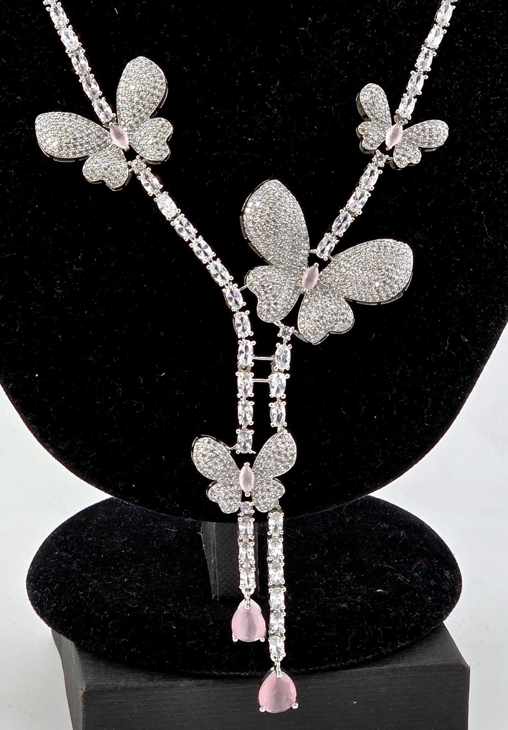 Pink Butterfly CZ Y-Necklace Set Drop Statement Jewelry Pari