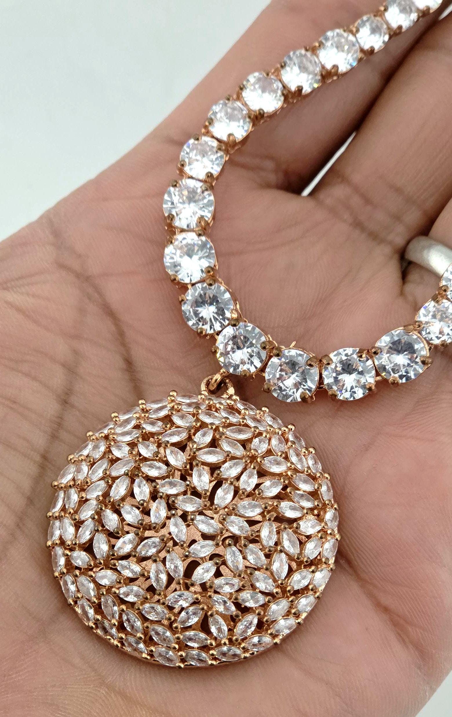 CZ Tennis Necklace Set with Statement Earrings, Silver or Rose Gold Jewelry Set, Modern Bridal Necklace, Wedding Reception Jewelry