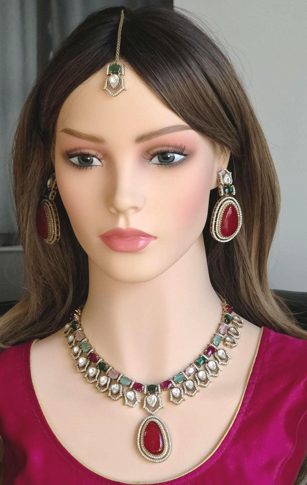 Moissanite Kundan Bridal Necklace Set, Indian Wedding Jewelry, Statement Lehenga Set, Pakistani Nikkah Reception Jewelry, Pink Red Bridal