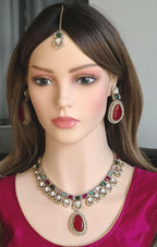 Moissanite Kundan Bridal Necklace Set, Indian Wedding Jewelry, Statement Lehenga Set, Pakistani Nikkah Reception Jewelry, Pink Red Bridal