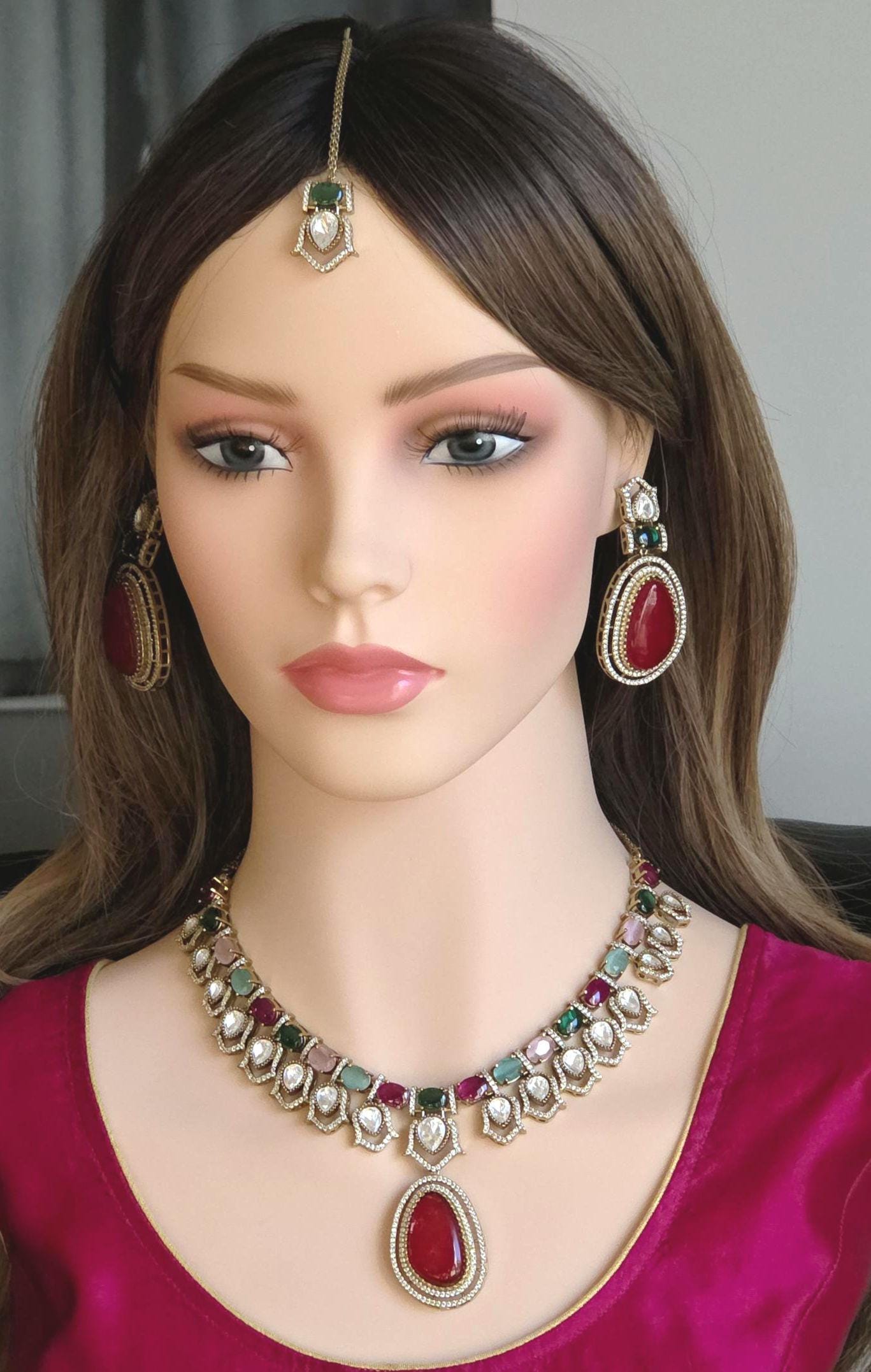 Moissanite Kundan Bridal Necklace Set, Indian Wedding Jewelry, Statement Lehenga Set, Pakistani Nikkah Reception Jewelry, Pink Red Bridal
