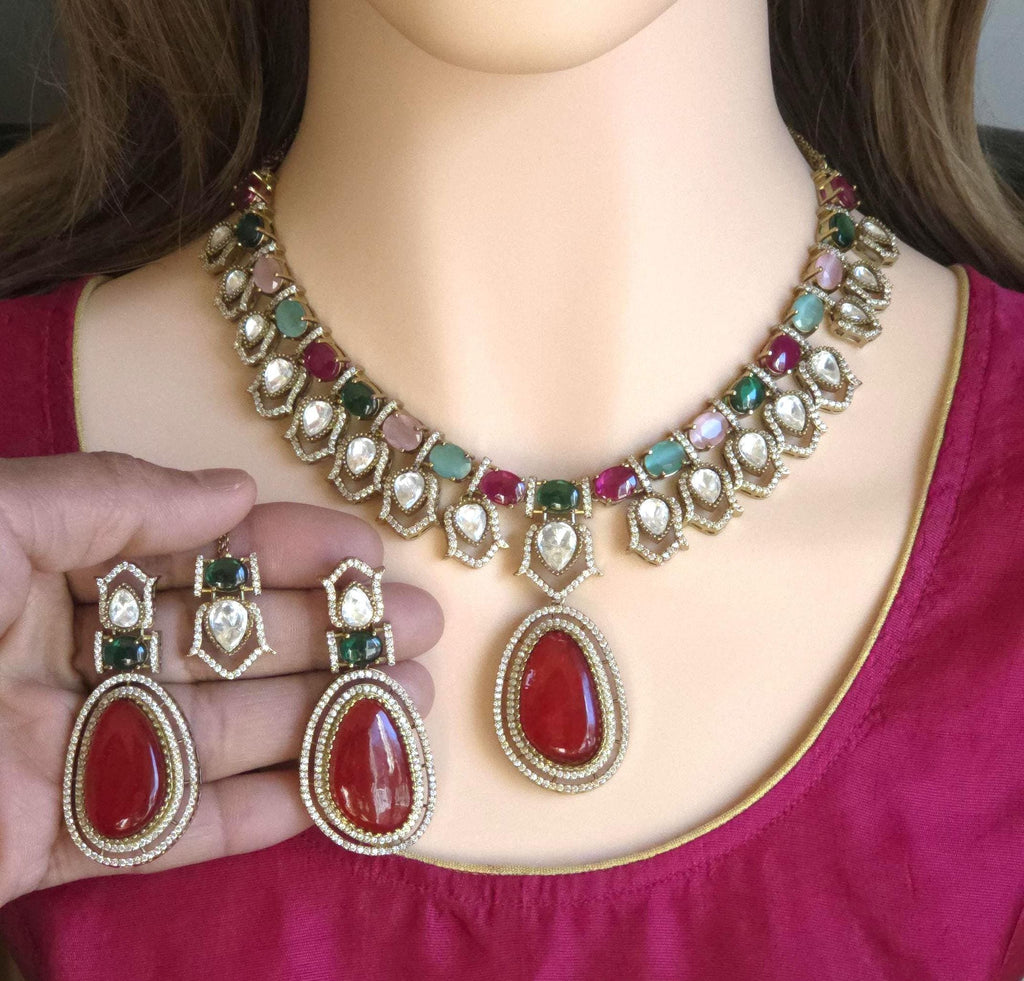 Moissanite Kundan Bridal Necklace Set, Indian Wedding Jewelry, Statement Lehenga Set, Pakistani Nikkah Reception Jewelry, Pink Red Bridal