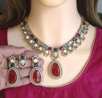 Moissanite Kundan Bridal Necklace Set, Indian Wedding Jewelry, Statement Lehenga Set, Pakistani Nikkah Reception Jewelry, Pink Red Bridal