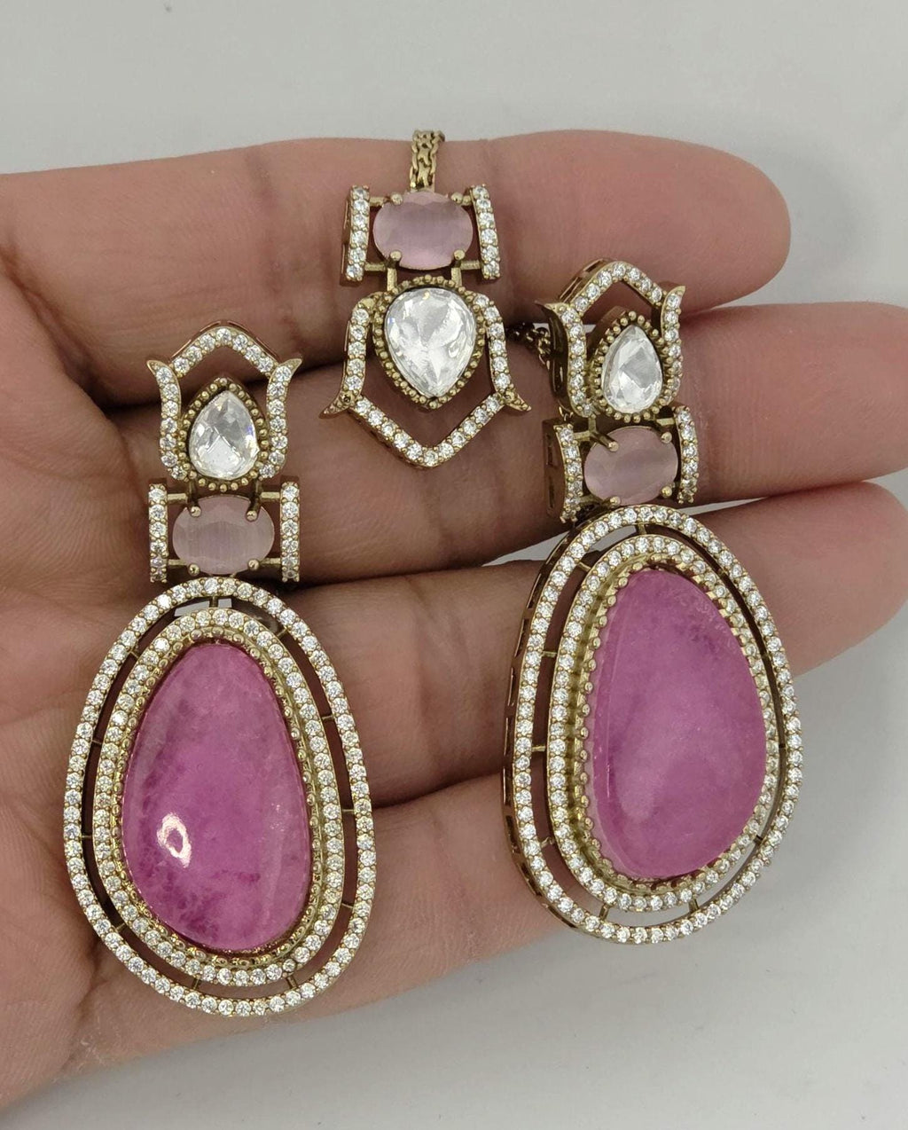 Moissanite Kundan Bridal Necklace Set, Indian Wedding Jewelry, Statement Lehenga Set, Pakistani Nikkah Reception Jewelry, Pink Red Bridal