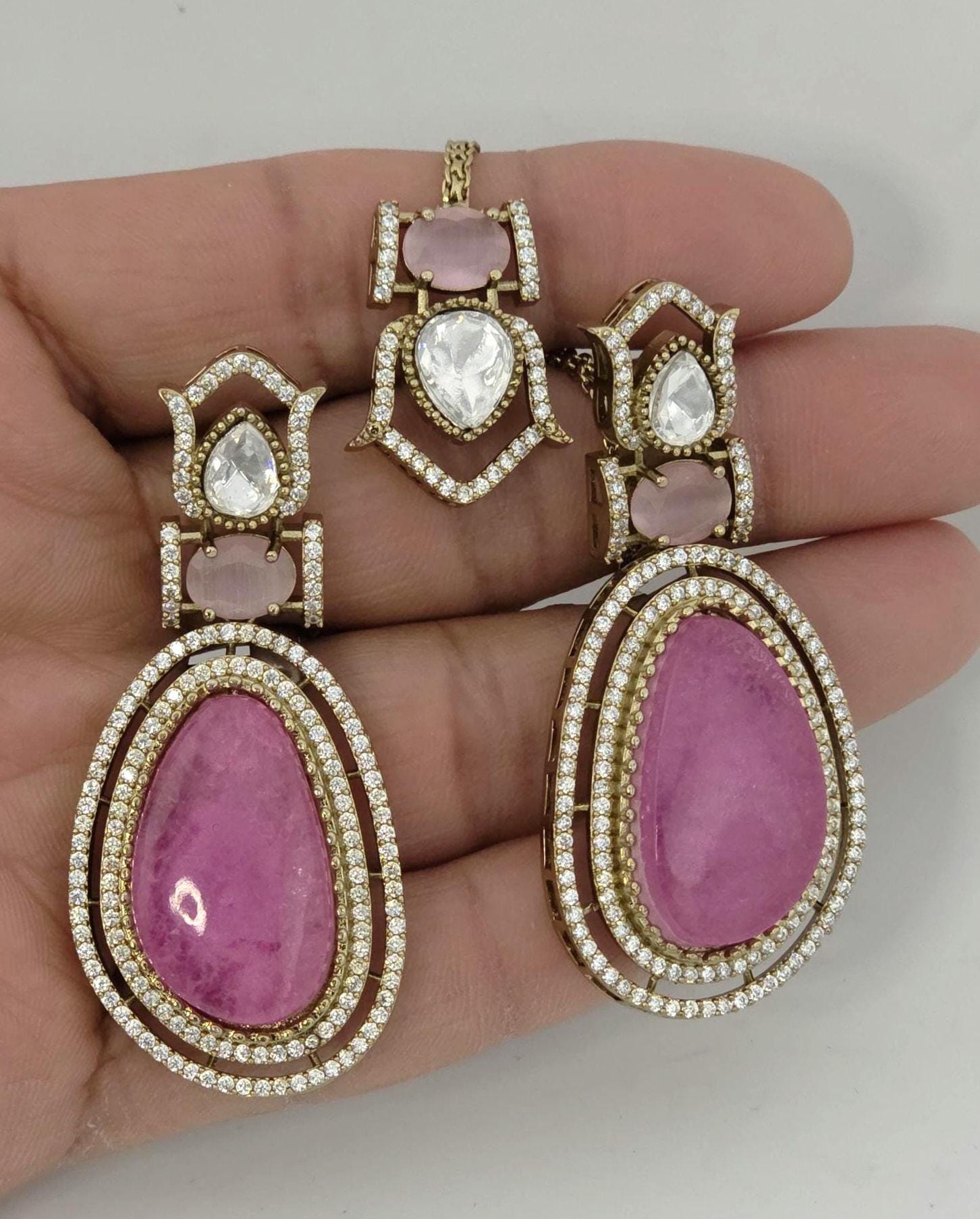 Moissanite Kundan Bridal Necklace Set, Indian Wedding Jewelry, Statement Lehenga Set, Pakistani Nikkah Reception Jewelry, Pink Red Bridal