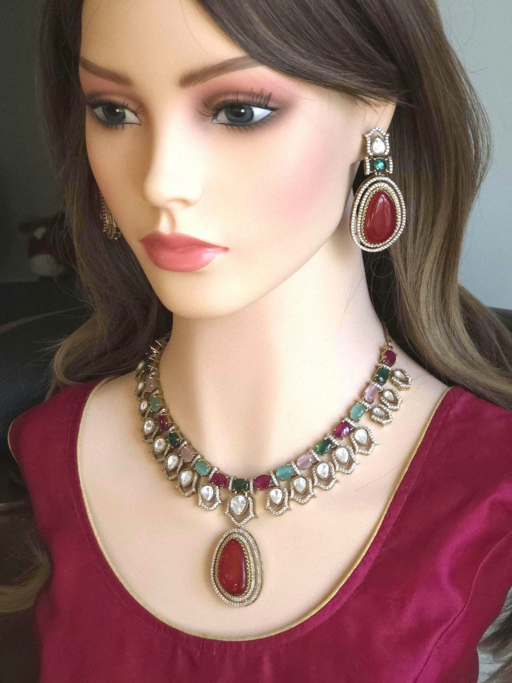 Moissanite Kundan Bridal Necklace Set, Indian Wedding Jewelry, Statement Lehenga Set, Pakistani Nikkah Reception Jewelry, Pink Red Bridal