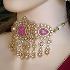 Pink Moissanite Kundan Bridal Choker Set, Indian Wedding Jewelry, Statement Lehenga Necklace, Pakistani Nikkah Reception Jewelry