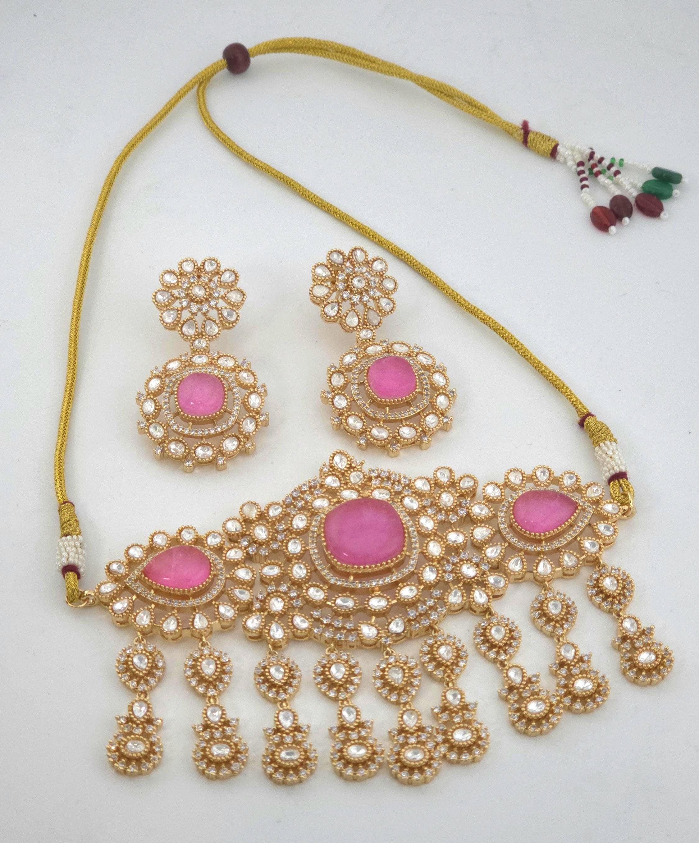 Pink Moissanite Kundan Bridal Choker Set, Indian Wedding Jewelry, Statement Lehenga Necklace, Pakistani Nikkah Reception Jewelry