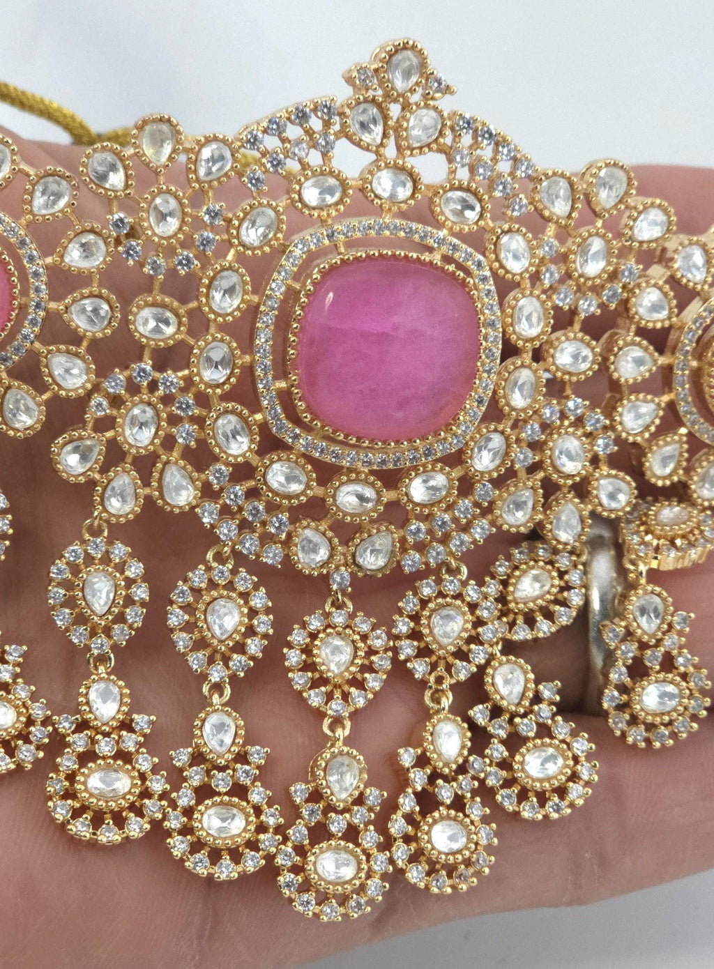 Pink Moissanite Kundan Bridal Choker Set, Indian Wedding Jewelry, Statement Lehenga Necklace, Pakistani Nikkah Reception Jewelry