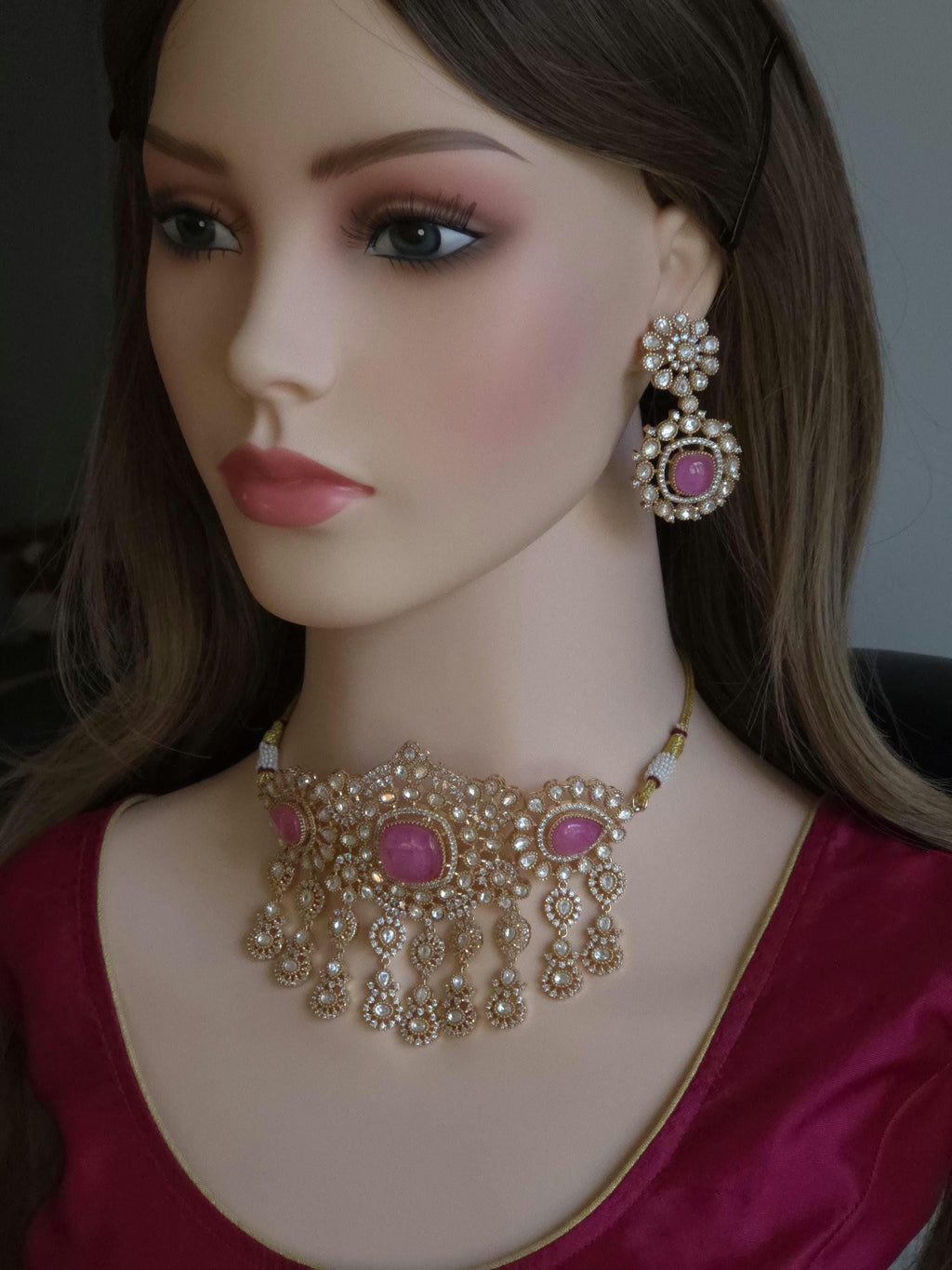 Pink Moissanite Kundan Bridal Choker Set, Indian Wedding Jewelry, Statement Lehenga Necklace, Pakistani Nikkah Reception Jewelry