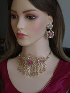 Pink Moissanite Kundan Bridal Choker Set, Indian Wedding Jewelry, Statement Lehenga Necklace, Pakistani Nikkah Reception Jewelry