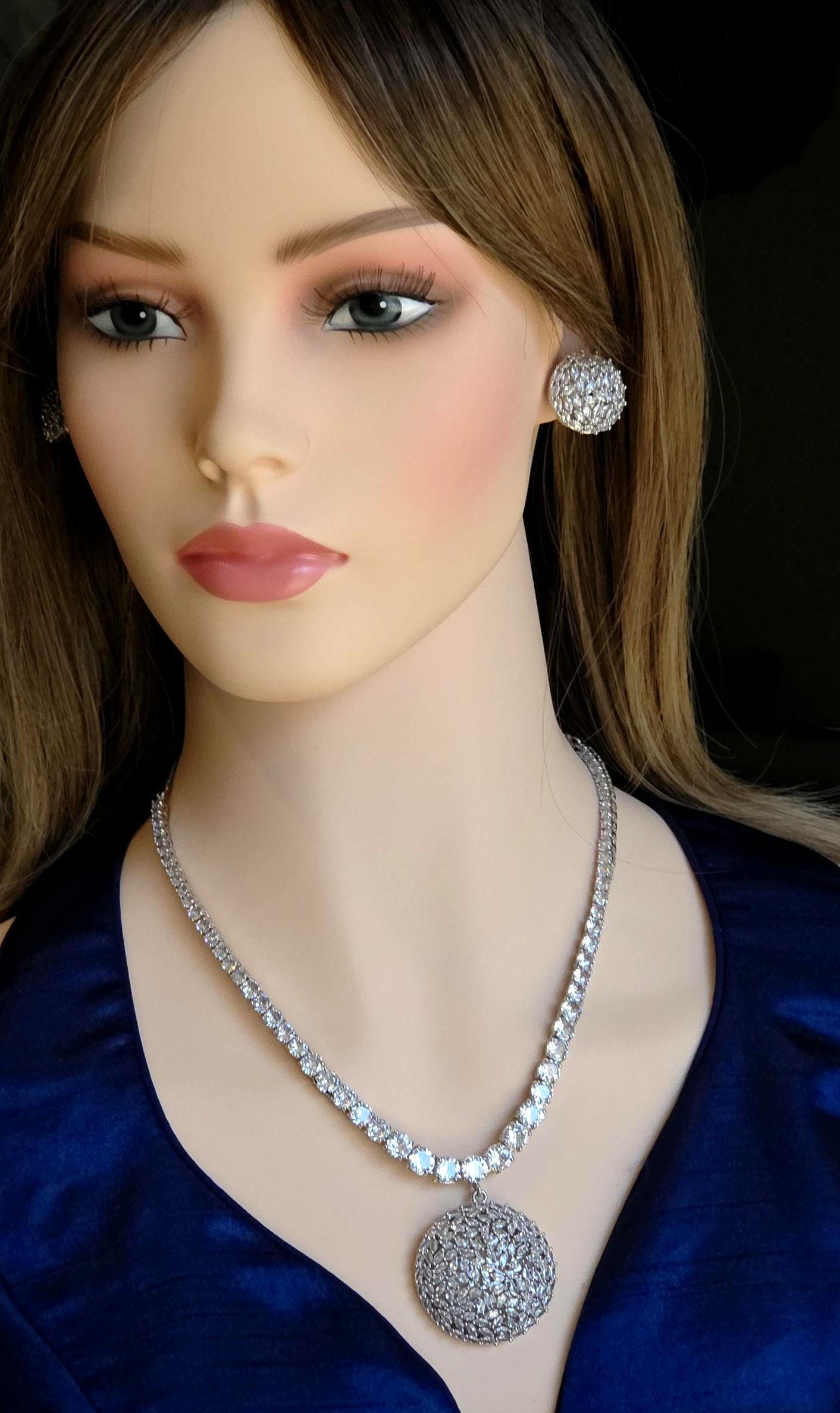 CZ Tennis Necklace Set with Statement Earrings, Silver or Rose Gold Jewelry Set, Modern Bridal Necklace, Wedding Reception Jewelry