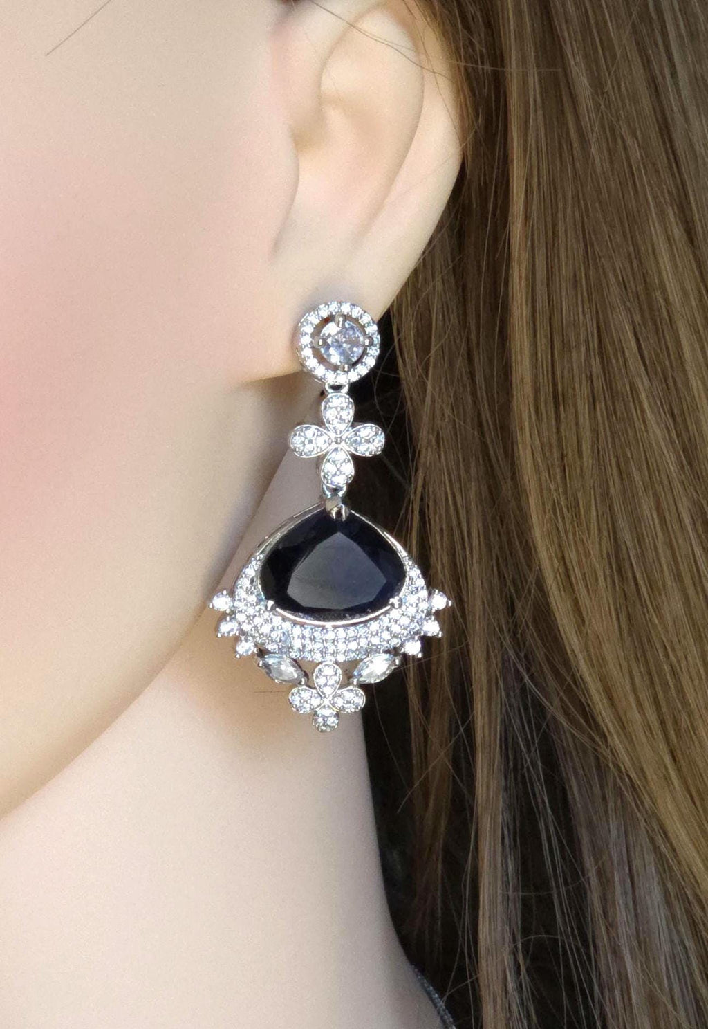 Floral Sapphire Blue CZ Necklace Set Silver Statement Jewelry Neelam