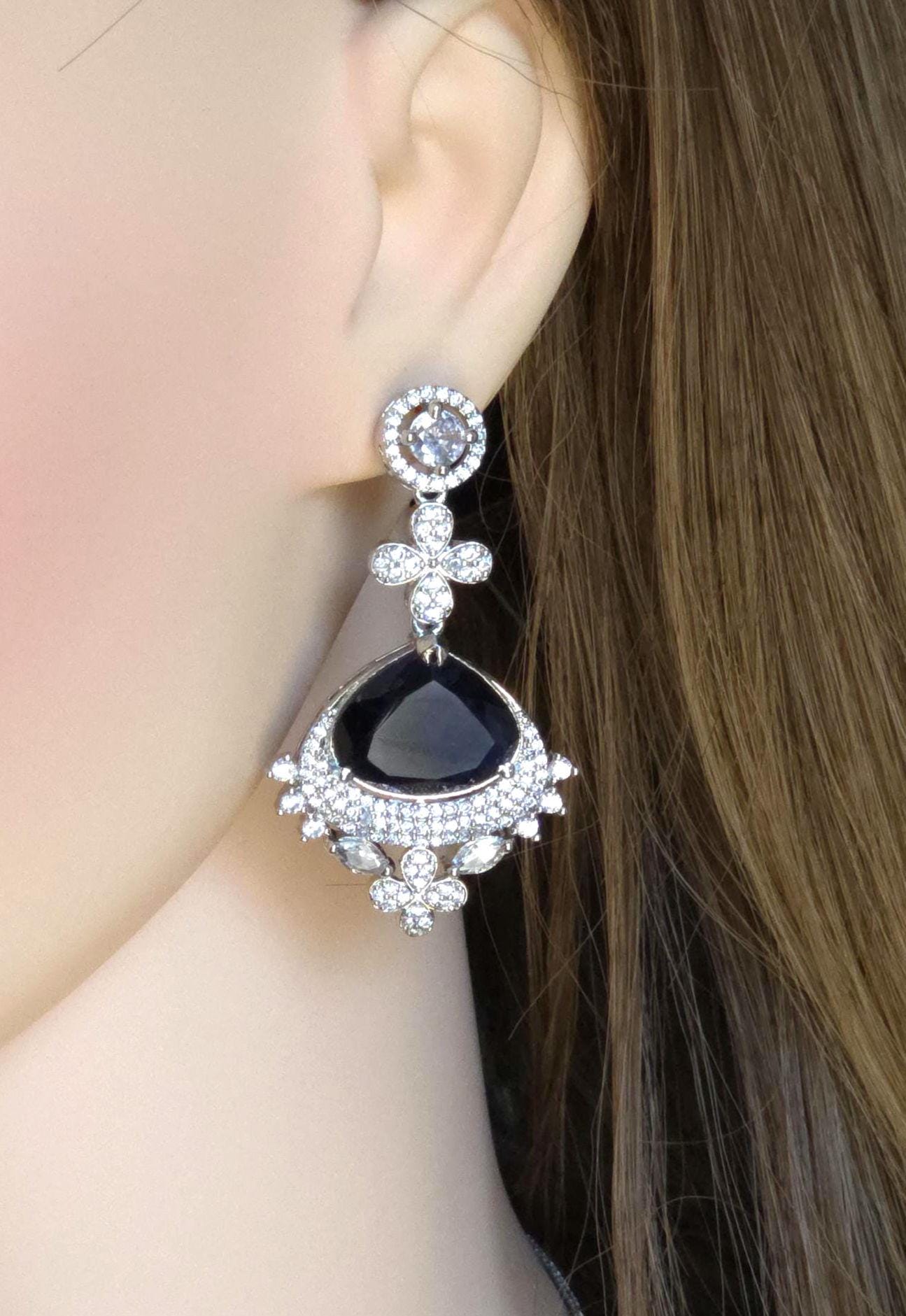 Floral Sapphire Blue CZ Necklace Set Silver Statement Jewelry Neelam