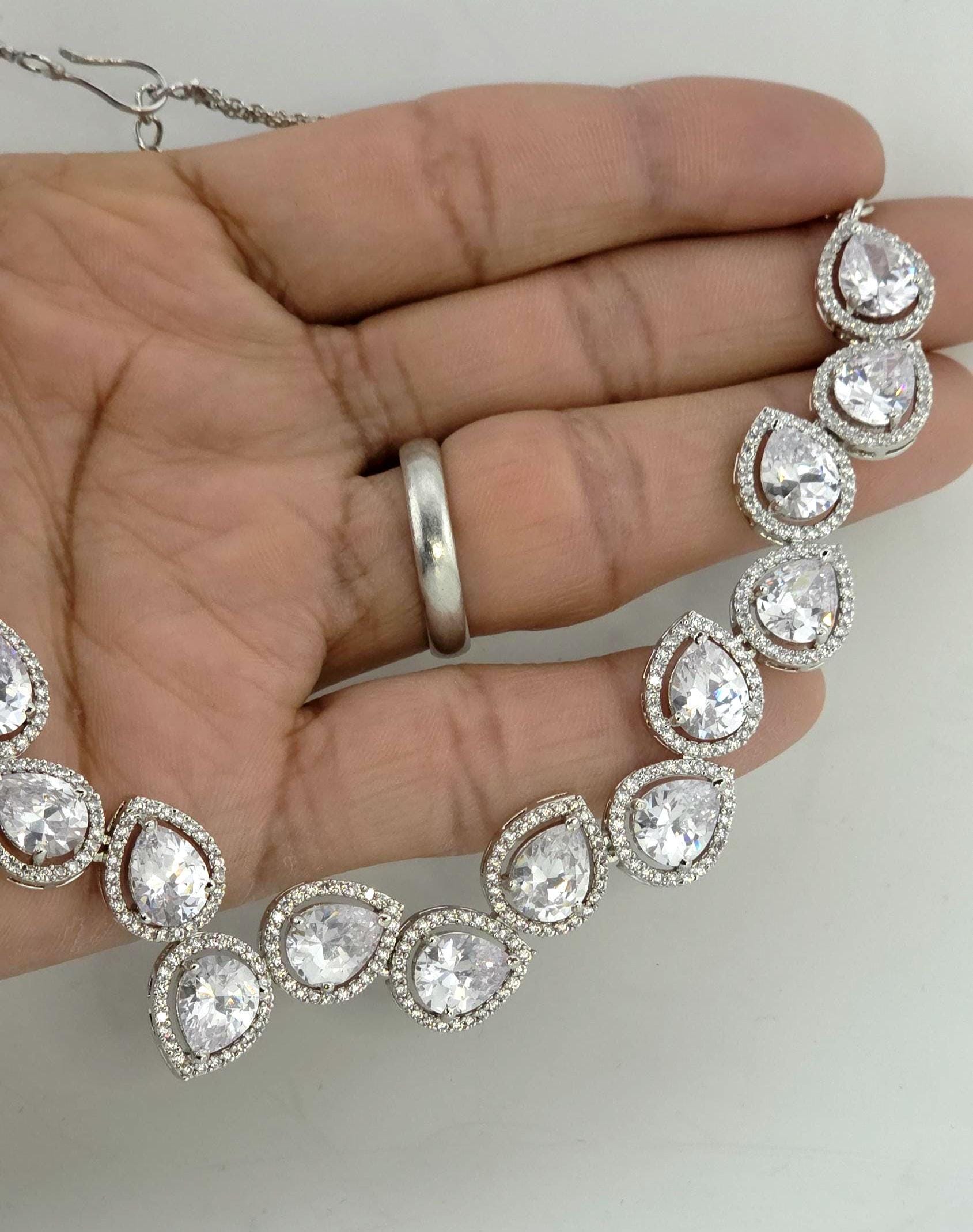 Pear Cut CZ Necklace Set Silver, Teardrop Bridal Jewelry, Elegant Wedding Guest Necklace, Prom Evening Jewelry Set