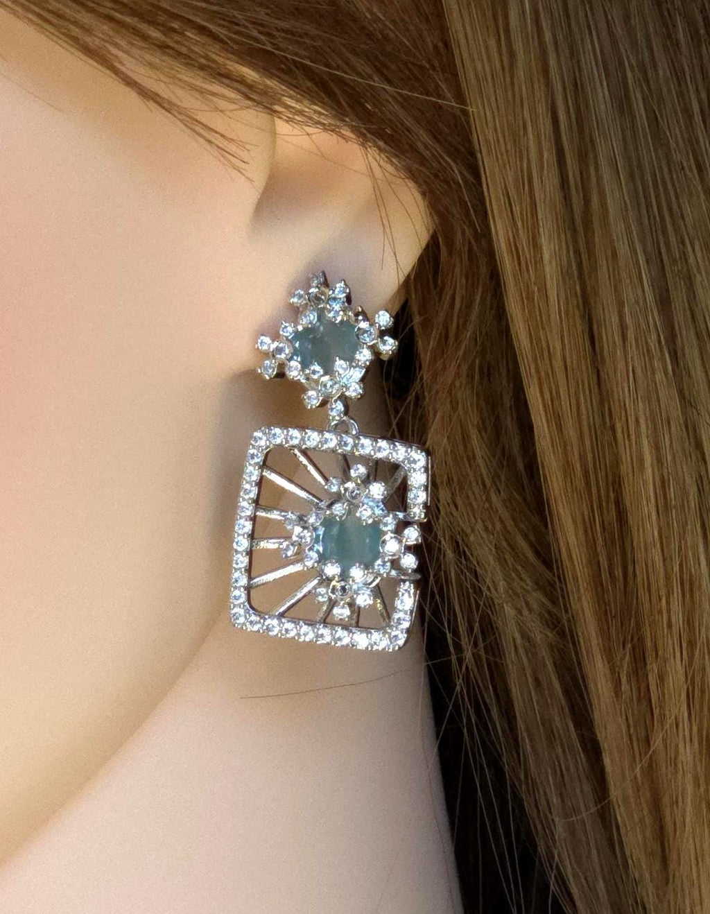 Mint Green CZ Geometric Necklace Set Modern Bridal Statement Jewelry Maya