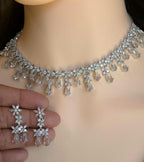 Silver CZ Bridal Necklace Set, Diamond Look Wedding Jewelry, Teardrop Statement Necklace Earrings Set, Bridal Reception Jewelry