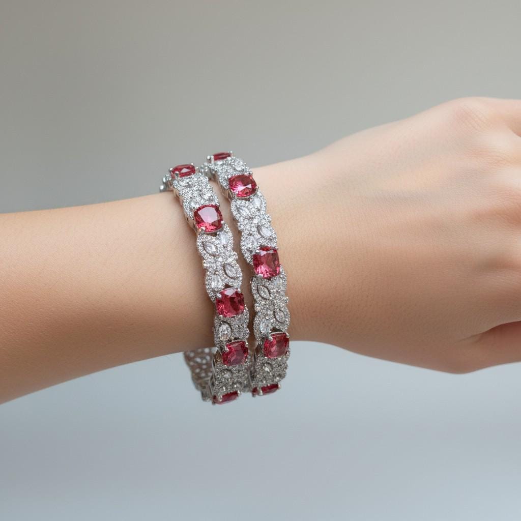 Red Floral AD Bangle Set, Ruby Stone Wedding Bangles, Elegant Indian Bracelet for Bridal & Bridesmaid Wear