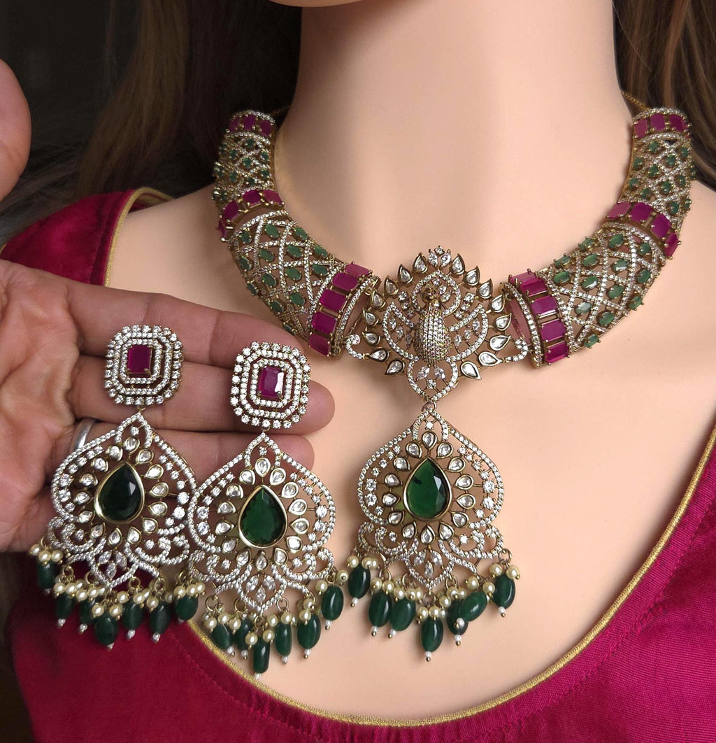 Peacock Moissanite Kundan Bridal Choker Set, Indian Wedding Jewelry, Statement Lehenga Necklace, Nikkah Reception Jewelry