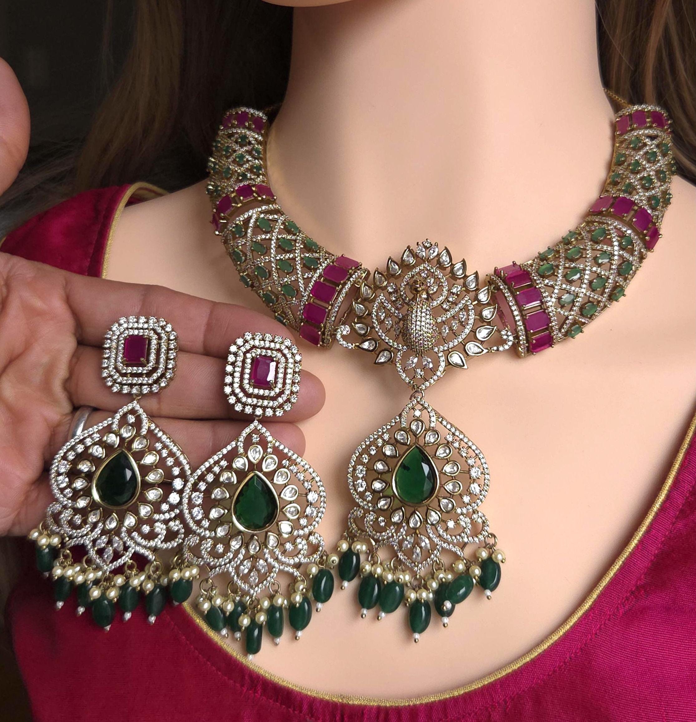 Peacock Moissanite Kundan Bridal Choker Set, Indian Wedding Jewelry, Statement Lehenga Necklace, Nikkah Reception Jewelry