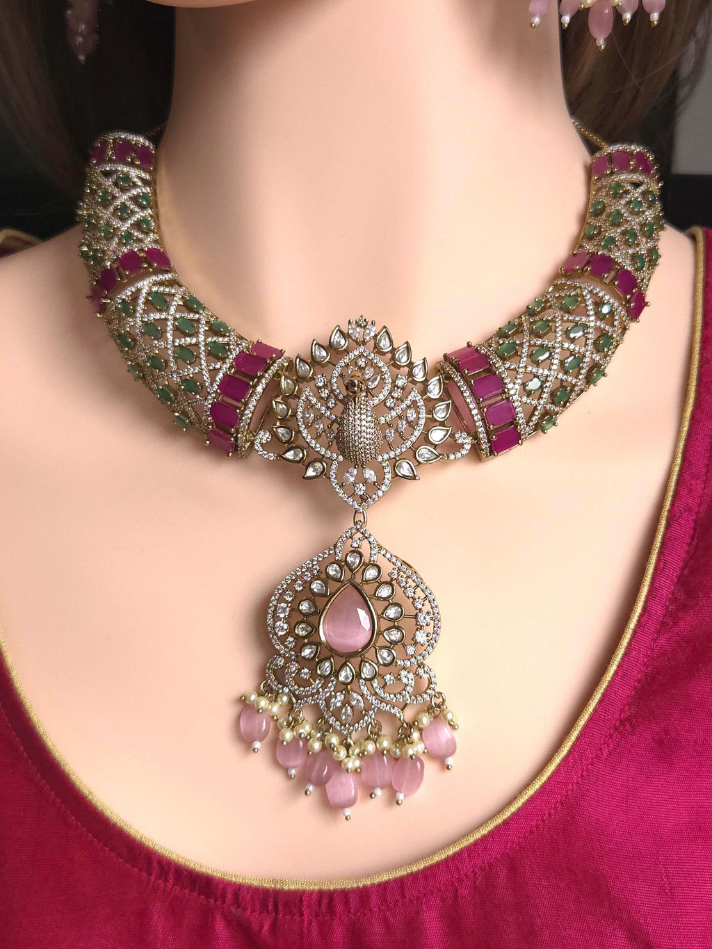 Peacock Moissanite Kundan Bridal Choker Set, Indian Wedding Jewelry, Statement Lehenga Necklace, Nikkah Reception Jewelry