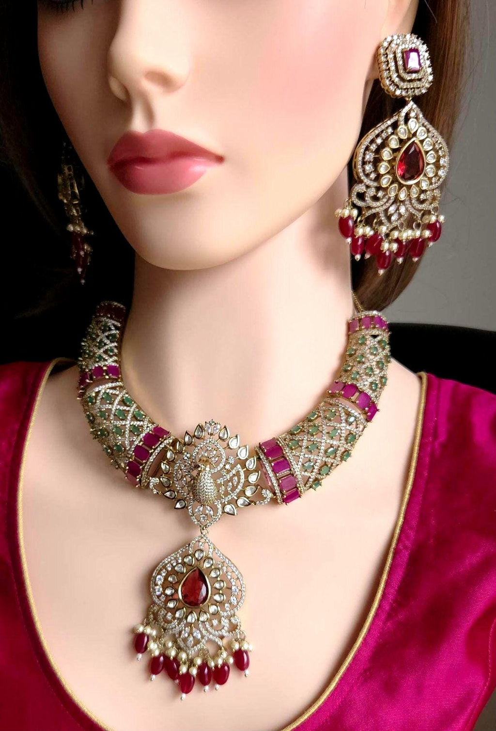 Peacock Moissanite Kundan Bridal Choker Set, Indian Wedding Jewelry, Statement Lehenga Necklace, Nikkah Reception Jewelry