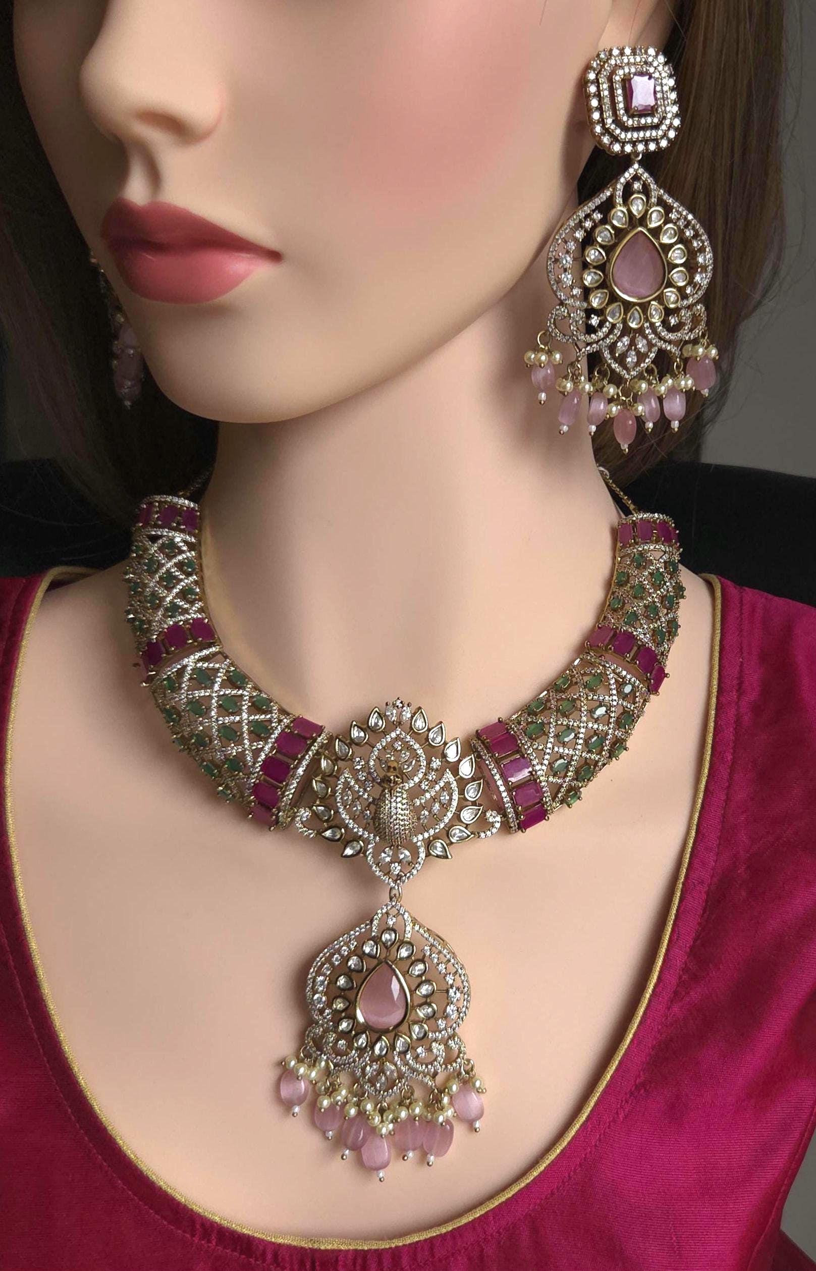 Peacock Moissanite Kundan Bridal Choker Set, Indian Wedding Jewelry, Statement Lehenga Necklace, Nikkah Reception Jewelry