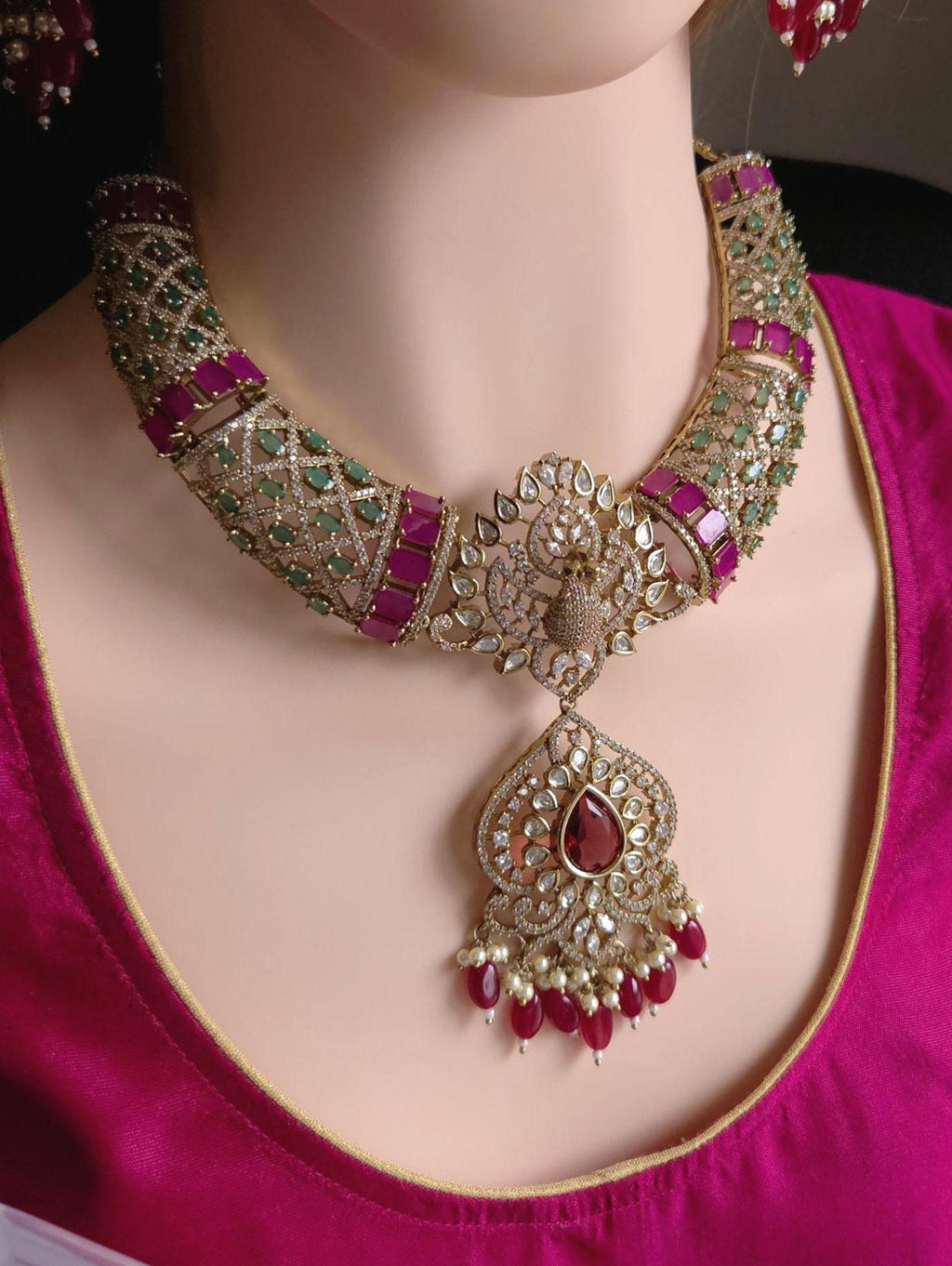 Peacock Moissanite Kundan Bridal Choker Set, Indian Wedding Jewelry, Statement Lehenga Necklace, Nikkah Reception Jewelry