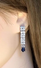 Blue Sapphire CZ Necklace Set, Diamond Look Bridal Jewelry, Silver Statement Necklace Earrings Set, Wedding Reception Jewelry, Evening Prom